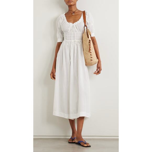 DOEN Ischia Shirred White Organic Cotton-Voile Midi Dress Size Large - Picture 1 of 10